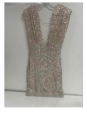Hello Molly Silver Sequin Plunge Mini Dress, Size 4